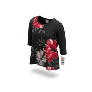 Alfred Dunner Women's Black Floral 3/4 Sleeve Top PXL Petite